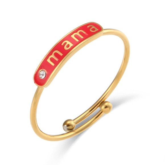 Red Enamel Mama Adjustable Zircon Stackable Ring 18K Gold Plated Stainless